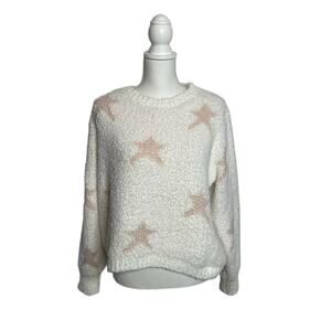 POL Women's Berber Fleece Cream Pink Star Soft and Comfy Winter Sweater Size M
